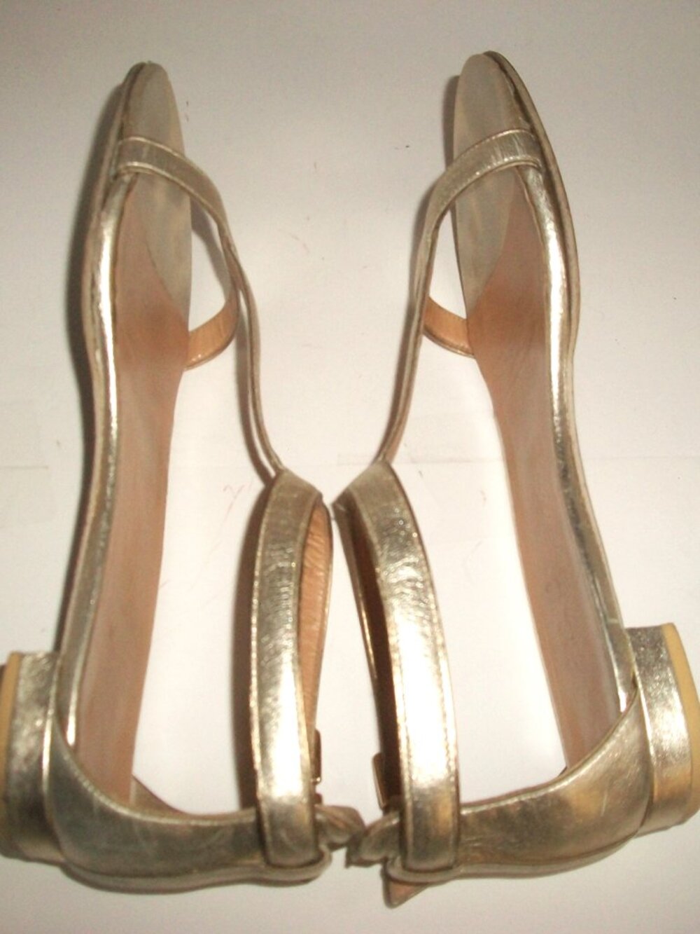Salvatore Ferragamo Gold Leather T-Strap Sandals w Ferragamo Inscribed on Buckle